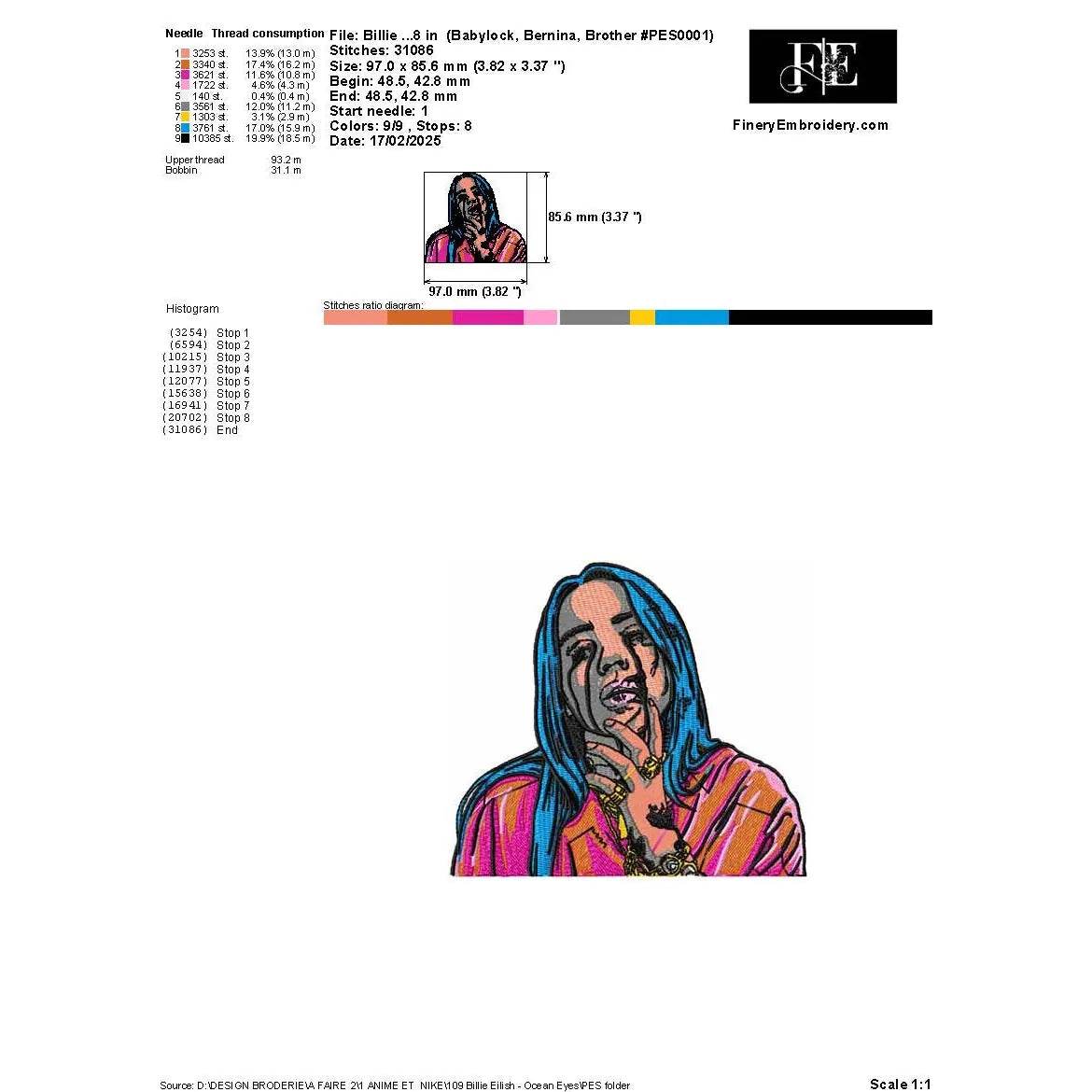 Billie Eilish Ocean Eyes Aesthetic Embroidery Design