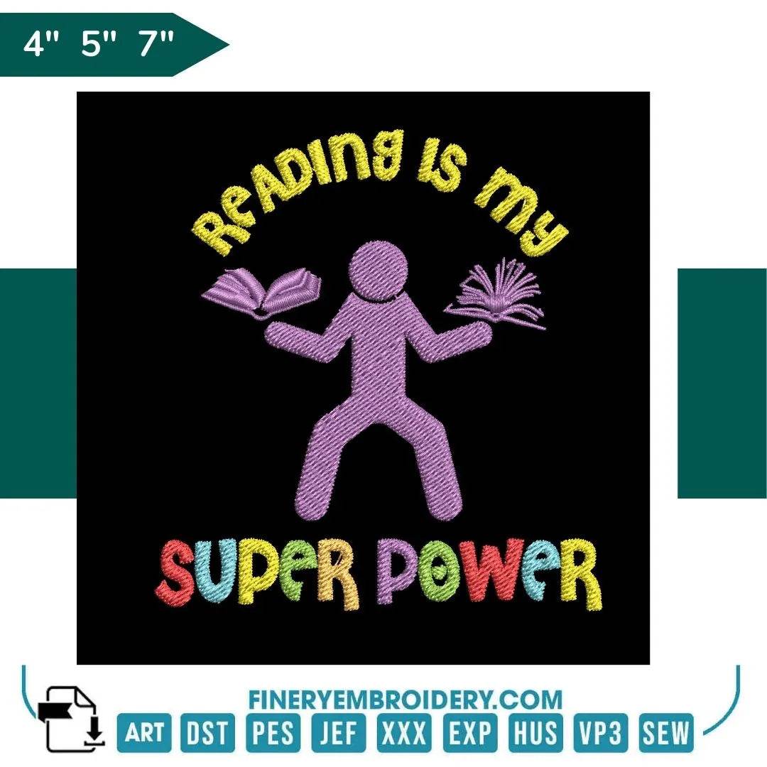 Book Lovers collection Embroidery Design - Reading is My Super Power - FineryEmbroidery