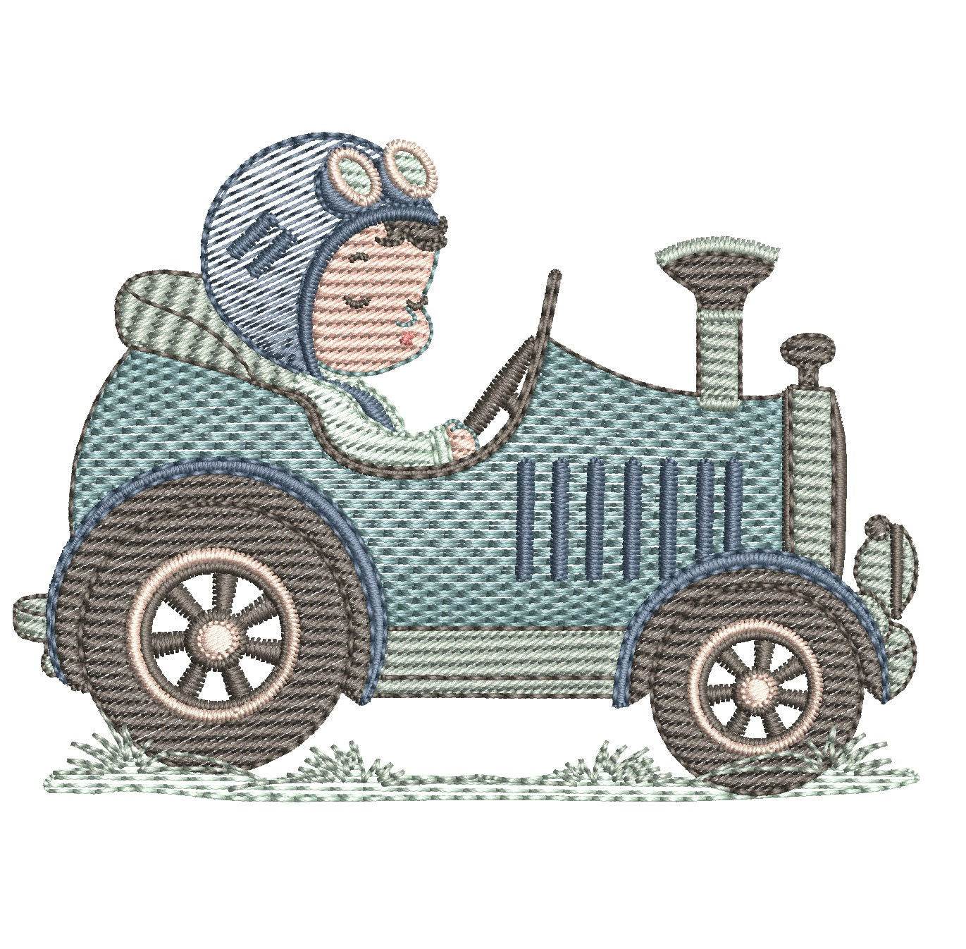 Boy driving a vintage car – 7 Sizes - FineryEmbroidery