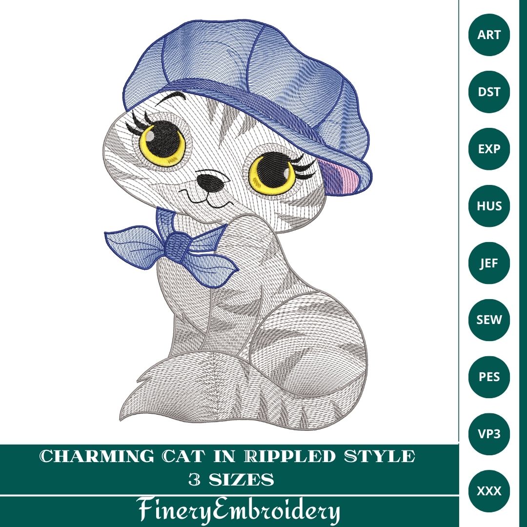 Charming Cat in Rippled Style – Embroidery Design - FineryEmbroidery