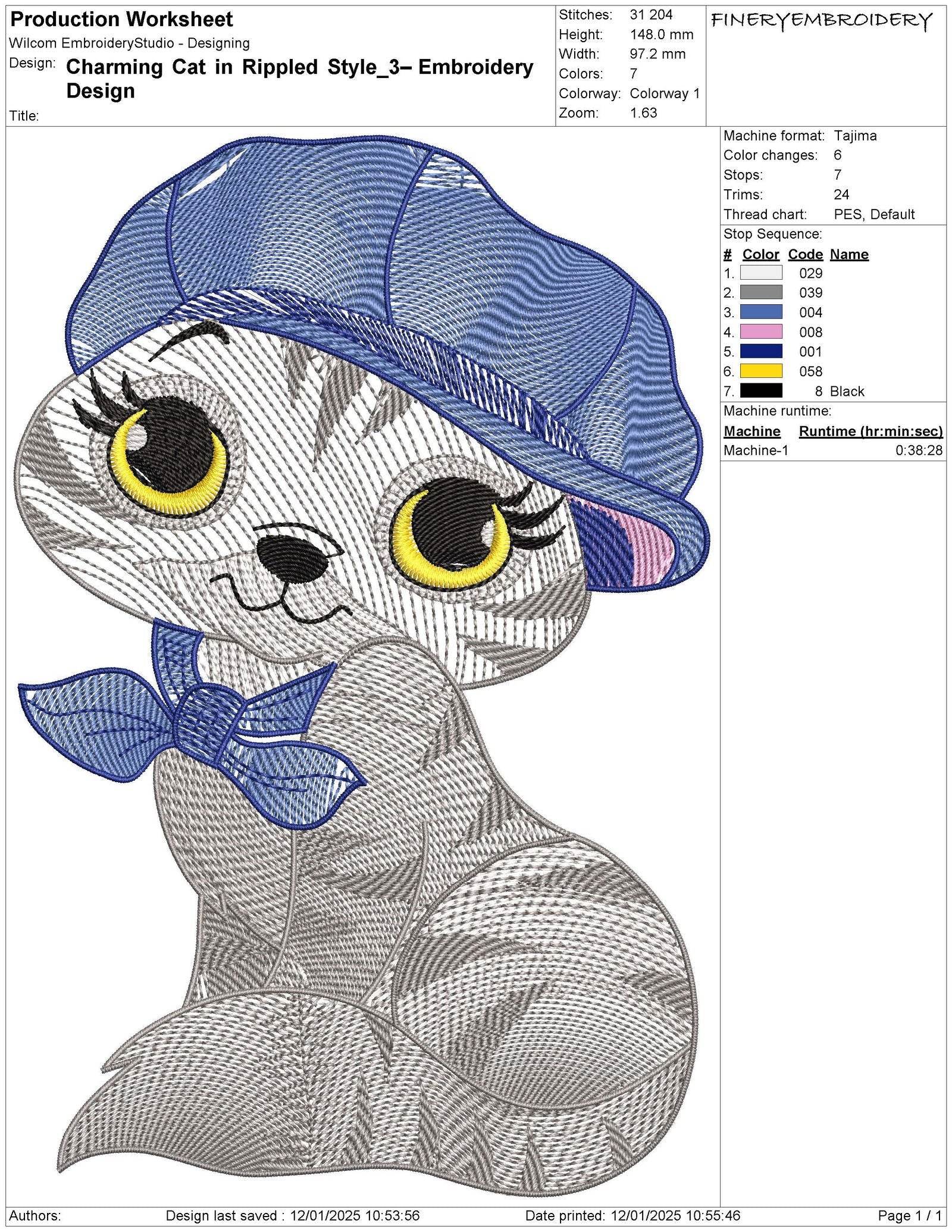 Charming Cat in Rippled Style – Embroidery Design - FineryEmbroidery