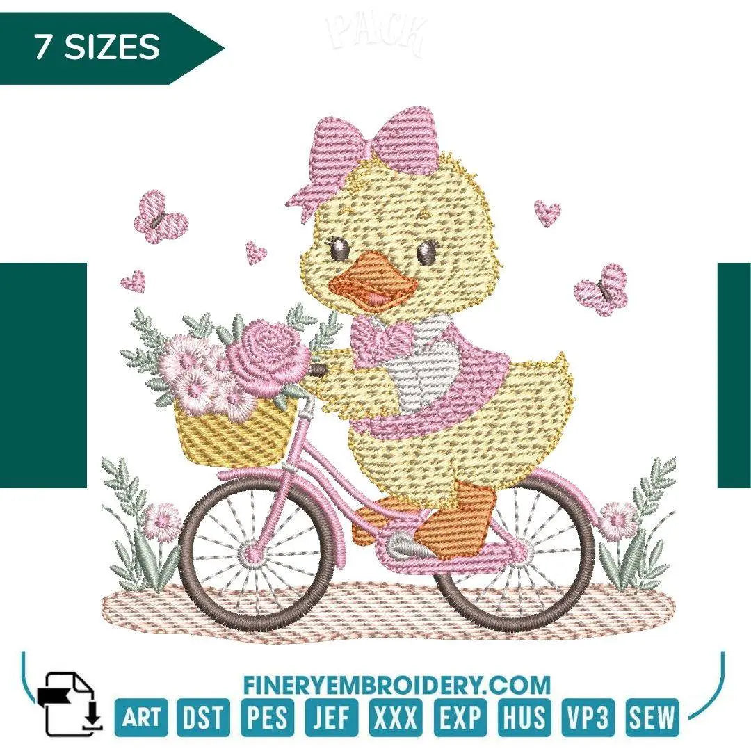 Charming Duck on Bicycle Embroidery Design - 7 Sizes | FineryEmbroidery - FineryEmbroidery