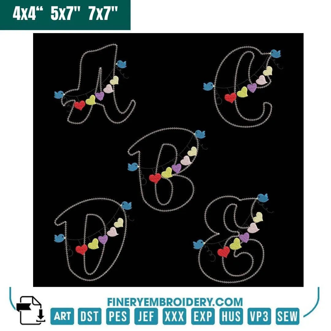 Charming Heart & Bird Alphabet Embroidery Pack – Full A-Z Collection - FineryEmbroidery