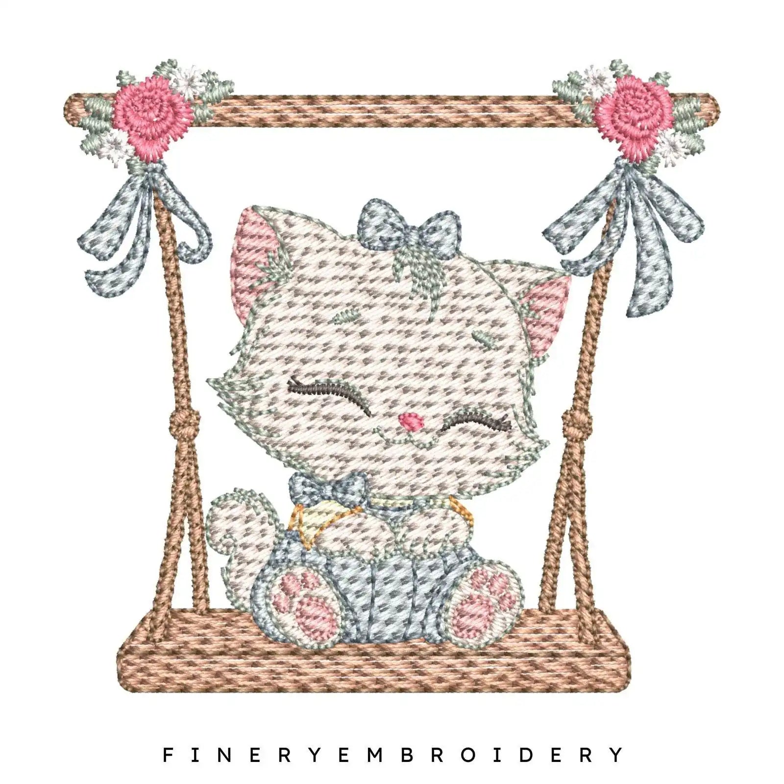 Charming Kitten on Swing Embroidery Design - 7 Sizes | FineryEmbroidery - FineryEmbroidery