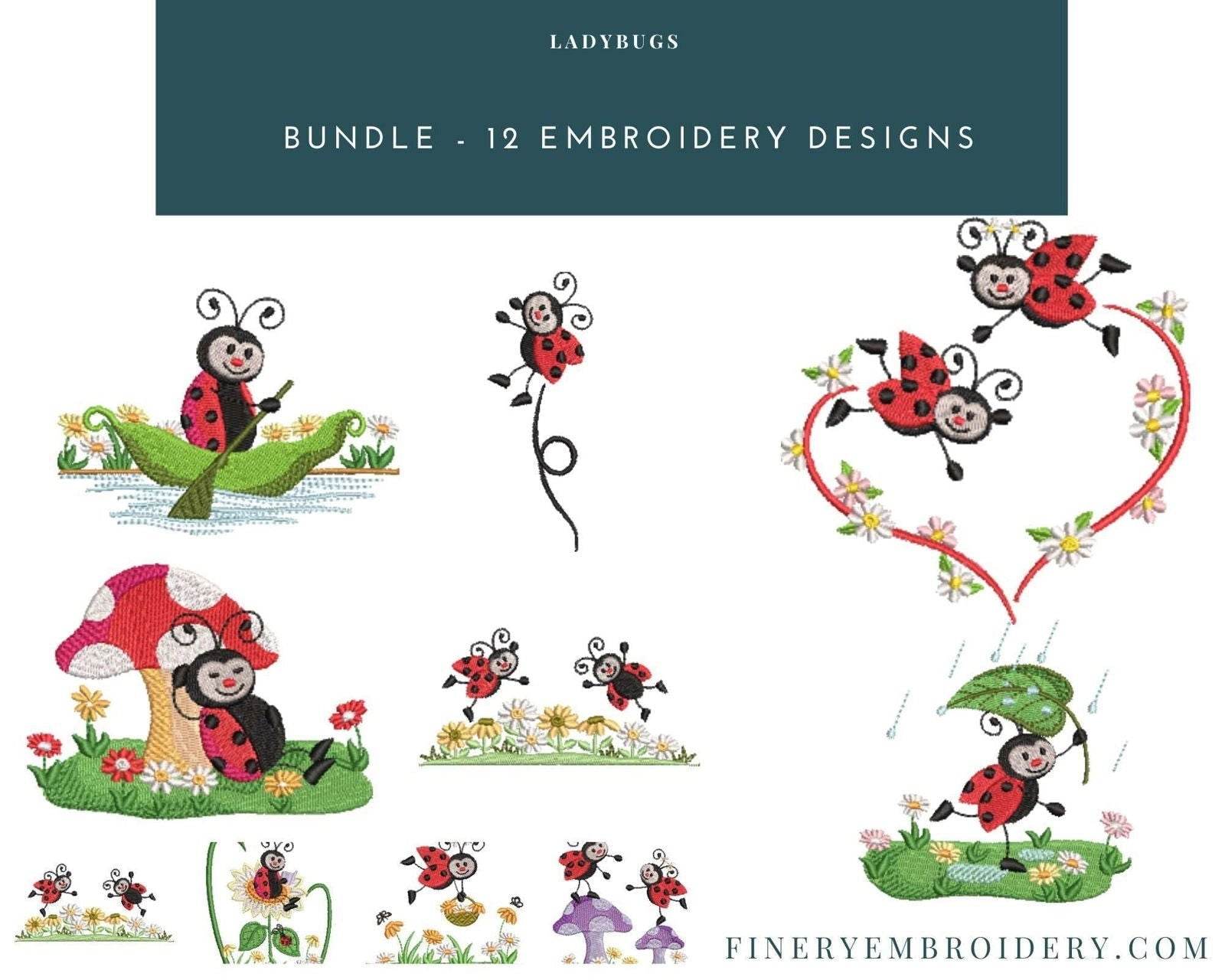 Charming Ladybugs - Pack of 12 Designs - Embroidery Designs - FineryEmbroidery
