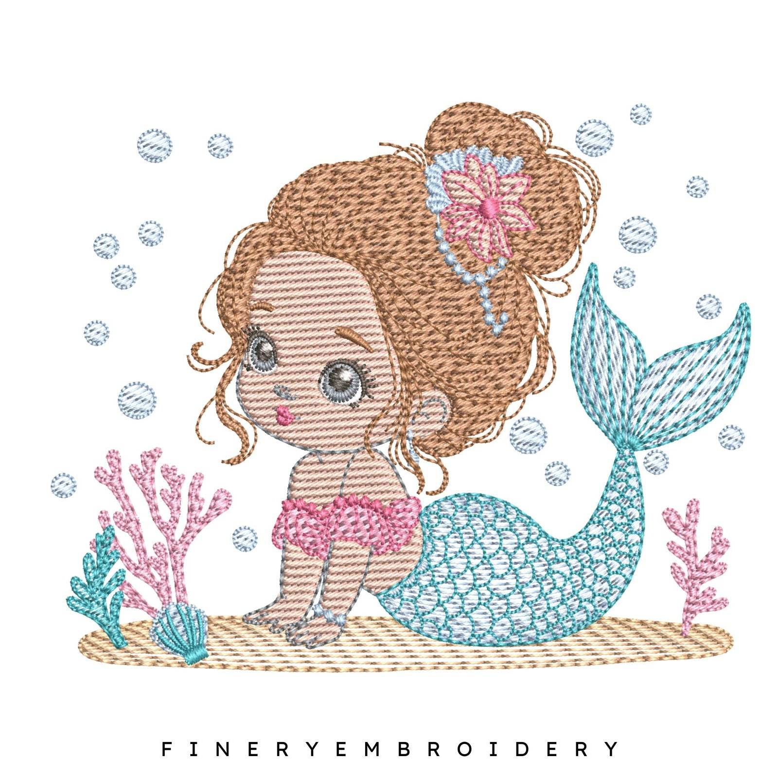 Charming Mermaid Princess Embroidery Design - 7 Sizes | FineryEmbroidery - FineryEmbroidery