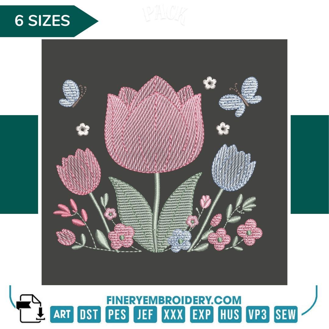 Charming Tulip Embroidery Design | FineryEmbroidery - FineryEmbroidery