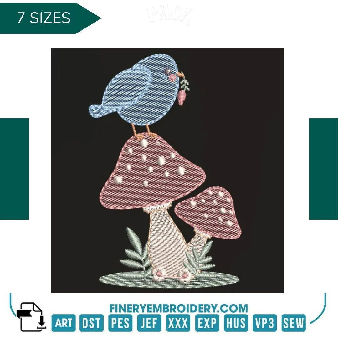 Charming blue bird on mushroom  – 7 Sizes - FineryEmbroidery