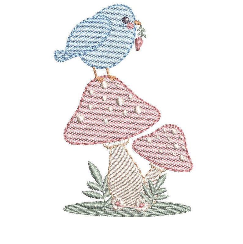 Charming blue bird on mushroom  – 7 Sizes - FineryEmbroidery