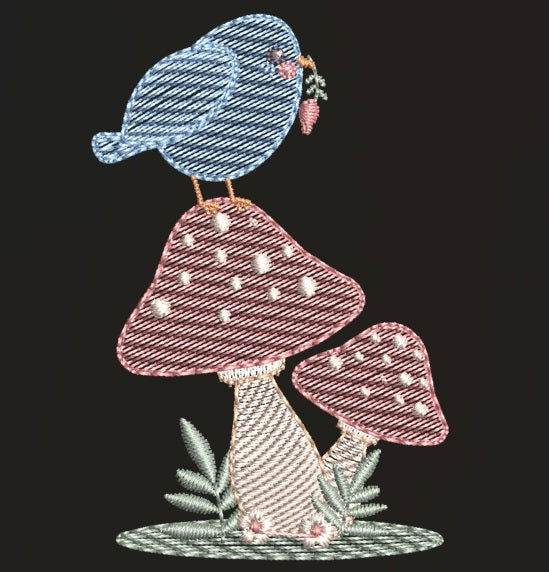 Charming blue bird on mushroom  – 7 Sizes - FineryEmbroidery