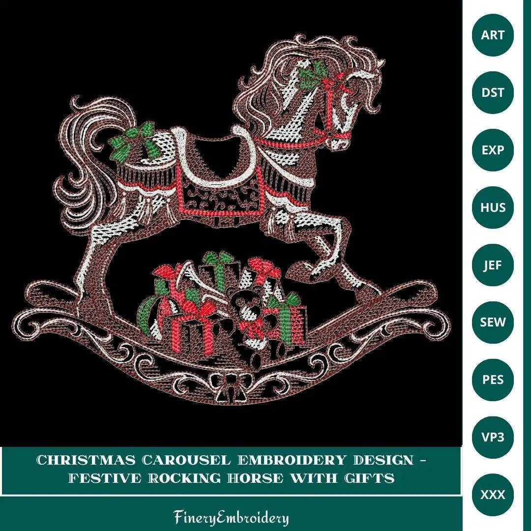 Christmas Carousel Embroidery Design – Festive Rocking Horse with Gifts - FineryEmbroidery
