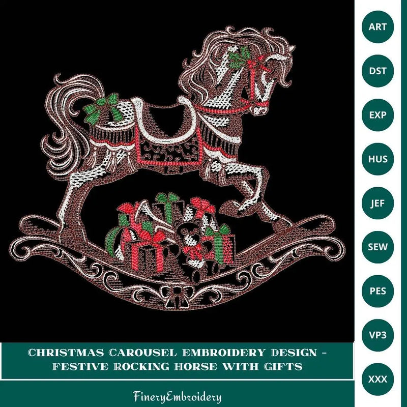 Christmas Carousel Embroidery Design – Festive Rocking Horse with Gifts - FineryEmbroidery