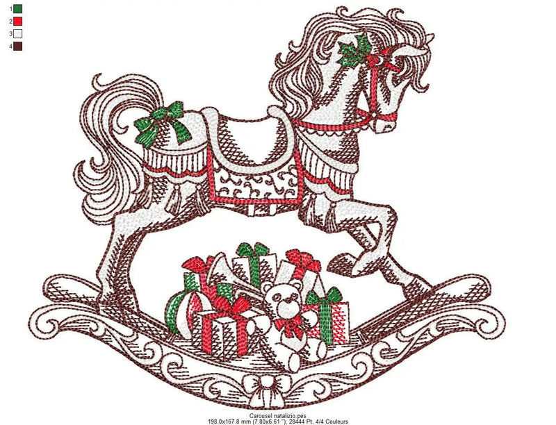 Christmas Carousel Embroidery Design – Festive Rocking Horse with Gifts - FineryEmbroidery