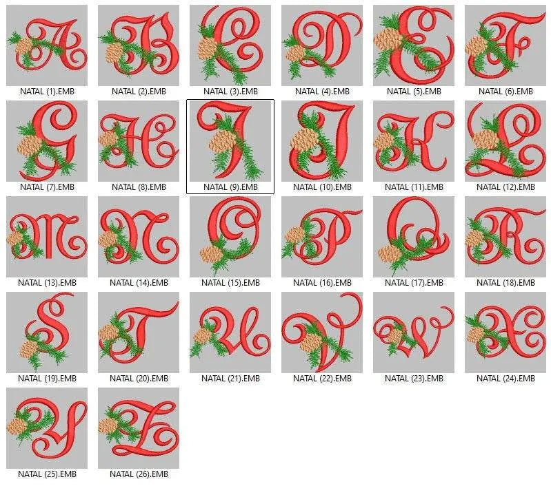Christmas Pine Alphabet Embroidery Pack – Festive Monogram Letters with Pinecone Accents - FineryEmbroidery