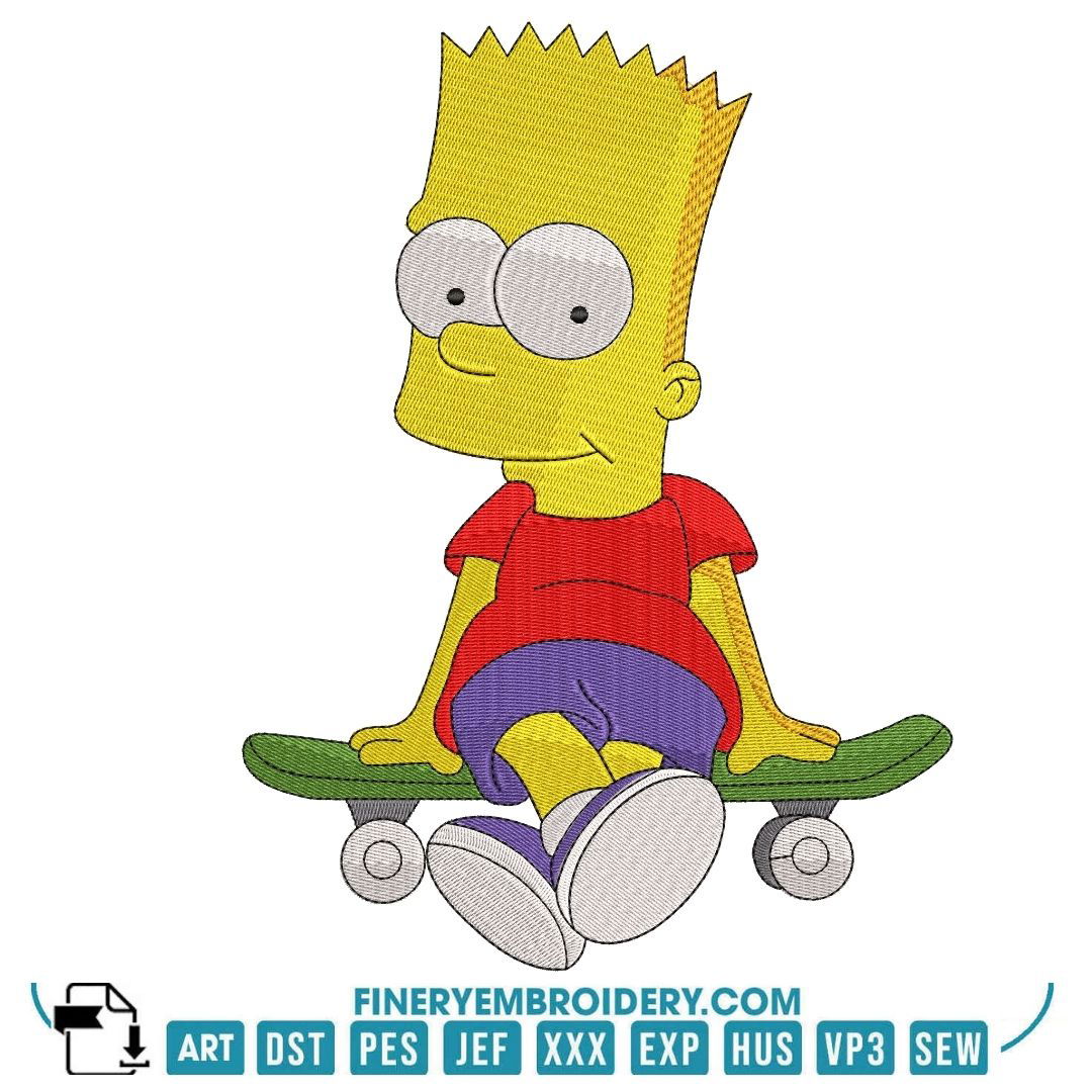 Cool Bart Simpson Embroidery Design with Skateboard - FineryEmbroidery