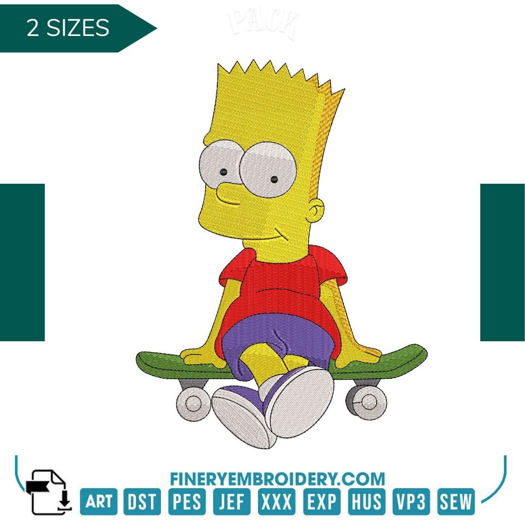 Cool Bart Simpson Embroidery Design with Skateboard - FineryEmbroidery