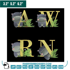 Hippo Jungle Alphabet Embroidery Pack – Monogram Letters with Safari Theme