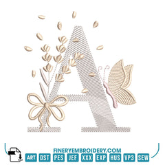 Elegant Butterfly and Bow Alphabet Embroidery Design Pack – 26 Letters | FineryEmbroidery