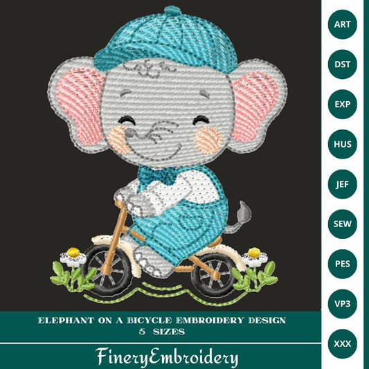 Elephant on a Bicycle Embroidery Design - Multi Sizes