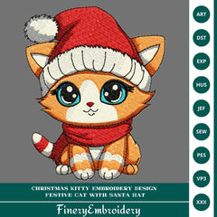 Christmas Kitty Embroidery Design – Festive Cat with Santa Hat