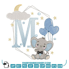 Cute Elephant Alphabet Embroidery Design Pack – 26 Letters | FineryEmbroidery