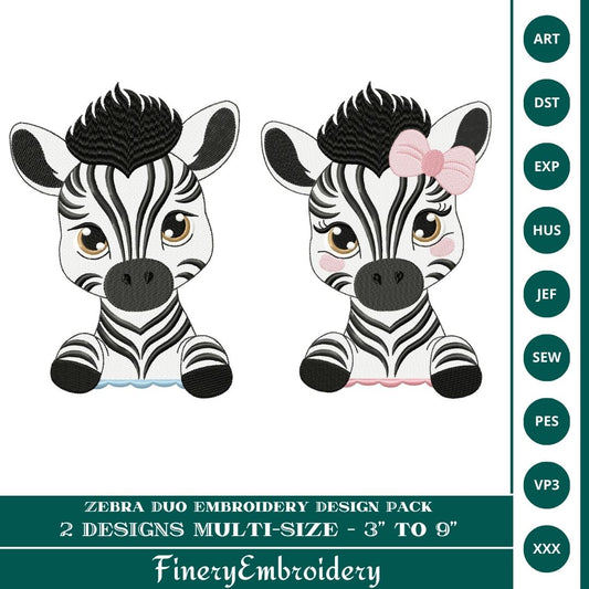 Zebra Duo Embroidery Design Pack – Male and Female Busts in Multiple Sizes