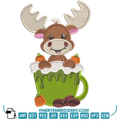 Adorable reindeer in Hot Chocolate Embroidery Design | FineryEmbroidery