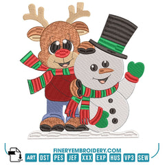 Reindeer and Snowman Christmas Embroidery Design – 5 Sizes | FineryEmbroidery