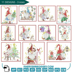 Festive Christmas Gnome Embroidery Pack – 11 Whimsical Designs - 3 sizes