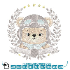 Vintage Aviator Bear Embroidery Design Pack – 10 Designs