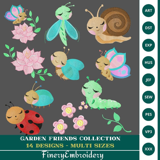 Garden Friends Embroidery Collection -14 Enchanting Designs in Multiple Sizes