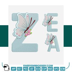 Butterfly Alphabet Embroidery Designs Pack – 26 Letters in 4 Sizes