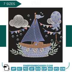 Sailboat embroidery design charming scene  – 7 Sizes