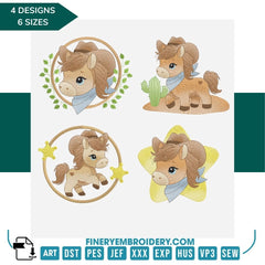 Adorable Cowboy Pony Embroidery Designs – 4 Unique Designs in 6 Sizes