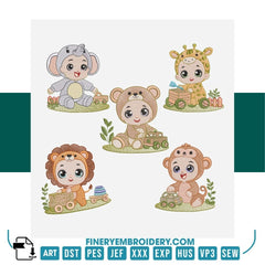 Baby Safari Animal Embroidery Design Pack – 5 Designs in 4 Sizes | FineryEmbroidery