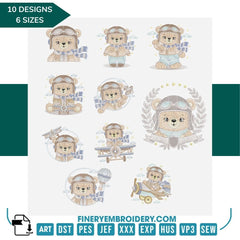 Vintage Aviator Bear Embroidery Design Pack – 10 Designs