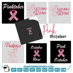 Pink October Embroidery Design Pack – 3 Breast Cancer Awareness Designs - Multiple Languages