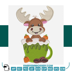 Adorable reindeer in Hot Chocolate Embroidery Design | FineryEmbroidery