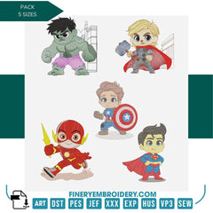 Chibi Superheroes Embroidery Design Set – 5 Heroes in 5 Sizes | FineryEmbroidery