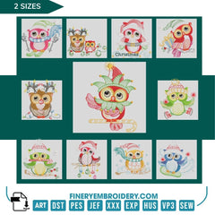 Christmas Owl Embroidery Design Pack – 11 Festive Owl Designs in 2 Sizes