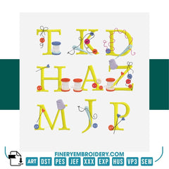 Sewing-Themed Alphabet Embroidery Design Pack – 26 Letters | FineryEmbroidery