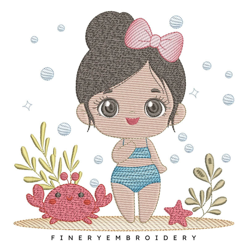 Cute Beach Girl Embroidery Design - 7 Sizes | FineryEmbroidery - FineryEmbroidery