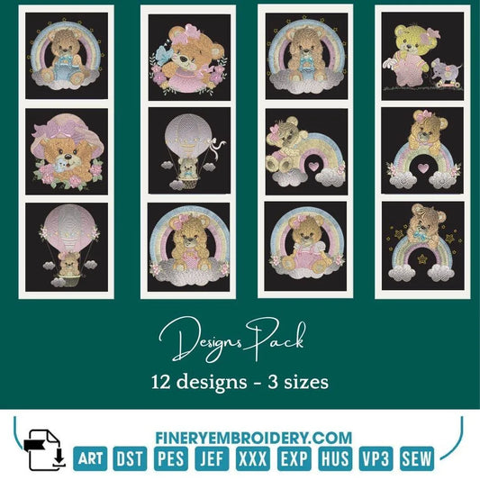 Cute Teddy Bear Embroidery Pack – 12 Designs in 3 Sizes - FineryEmbroidery