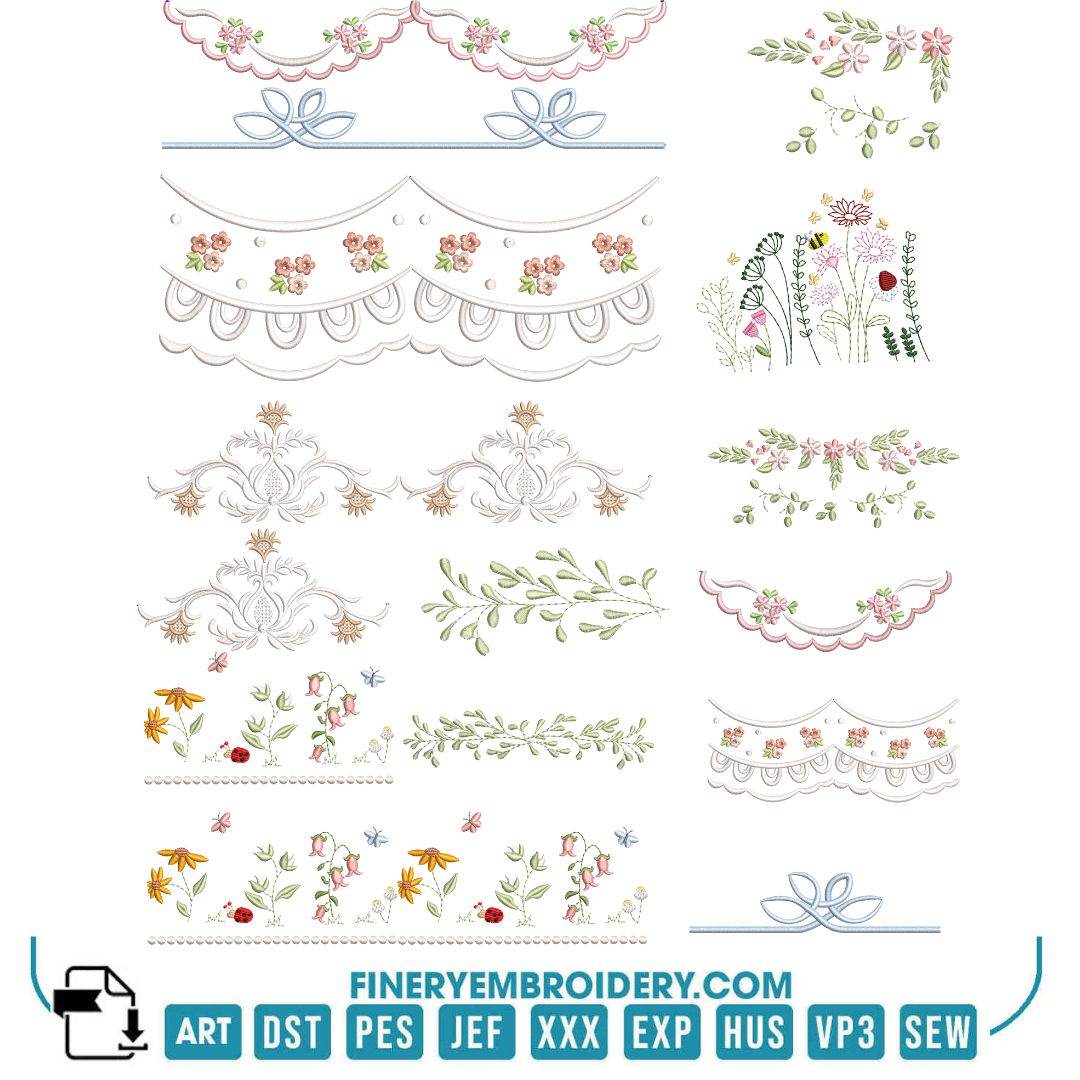 Decorative Border Embroidery Design Pack – Elegant Floral and Lace Borders | FineryEmbroidery - FineryEmbroidery