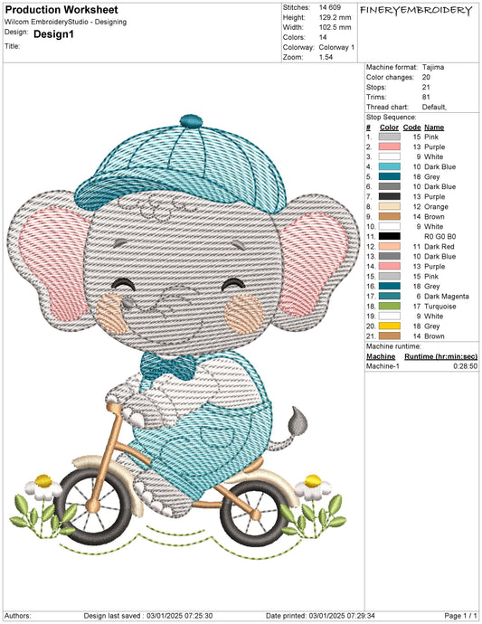 Elephant on a Bicycle Embroidery Design - Multi Sizes