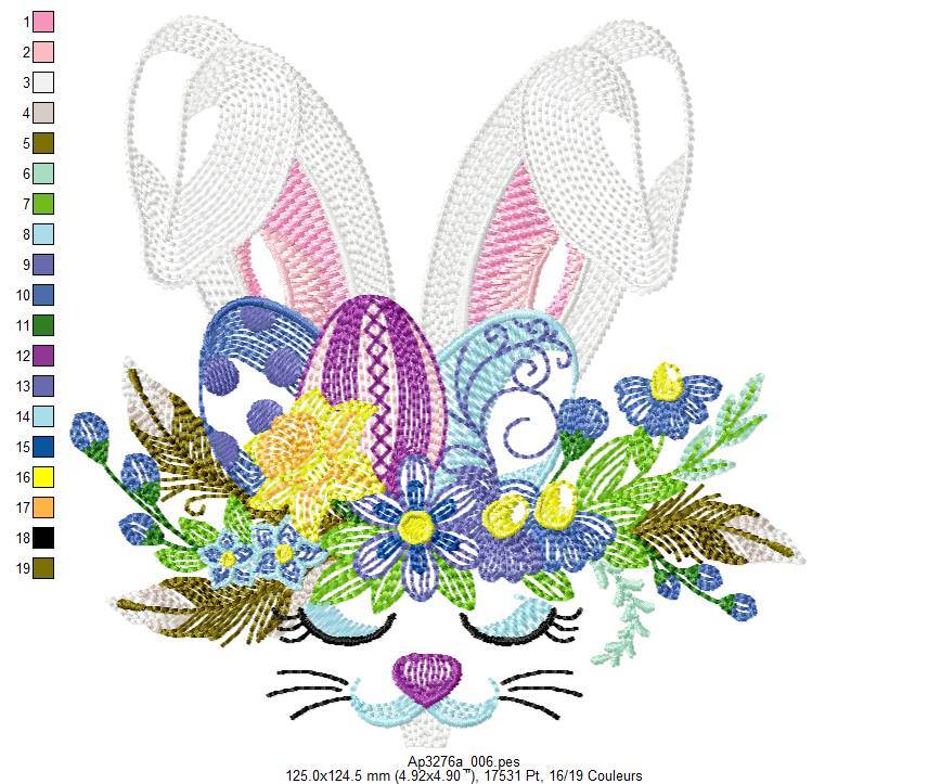 Easter Bunny Floral Embroidery Design with Decorative Eggs - FineryEmbroidery