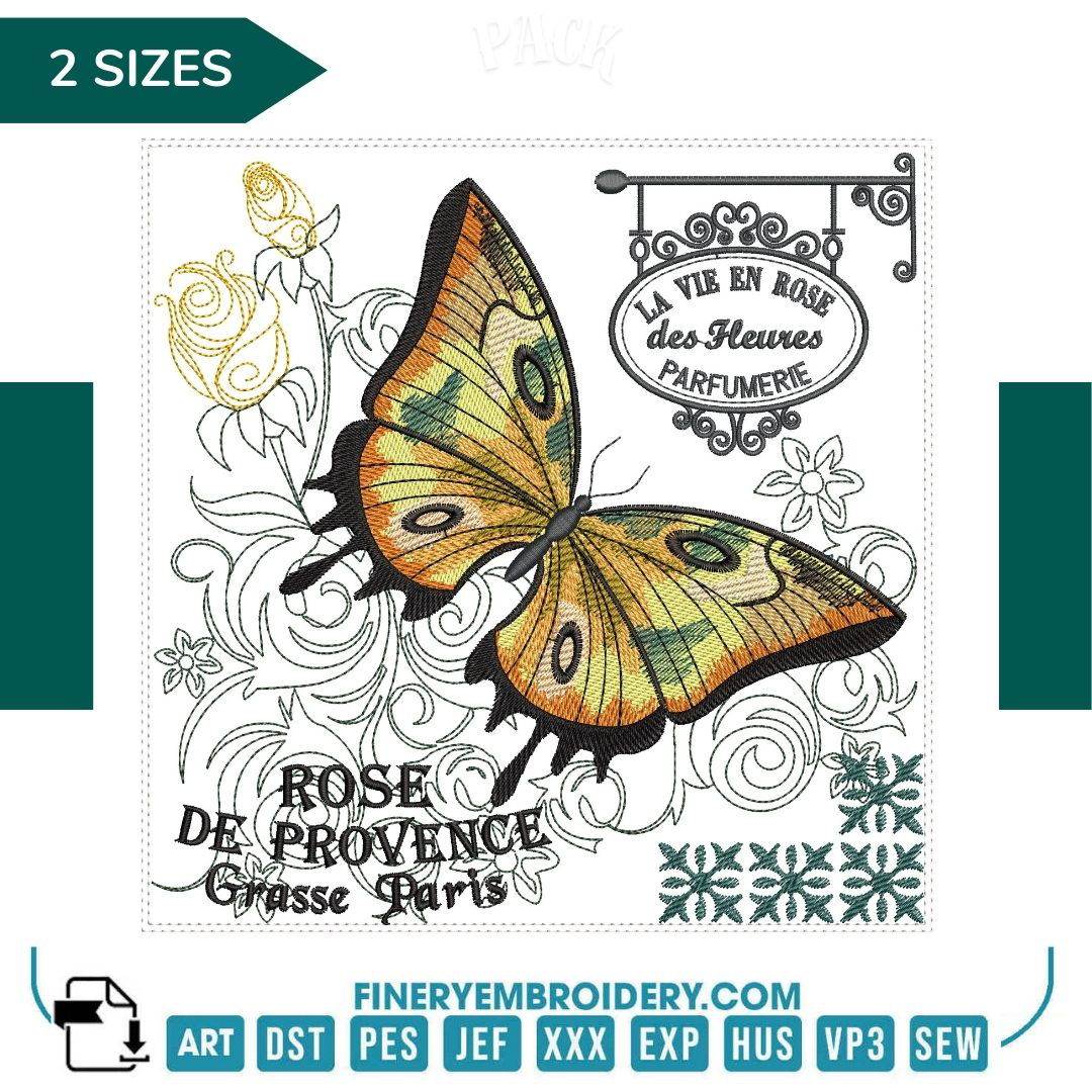 Elegant Butterfly Embroidery Design - Les Parfums de Grasse, France - 2 Sizes - FineryEmbroidery