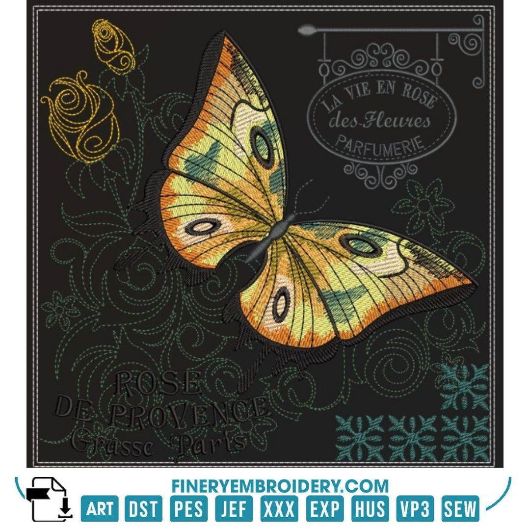 Elegant Butterfly Embroidery Design - Les Parfums de Grasse, France - 2 Sizes - FineryEmbroidery