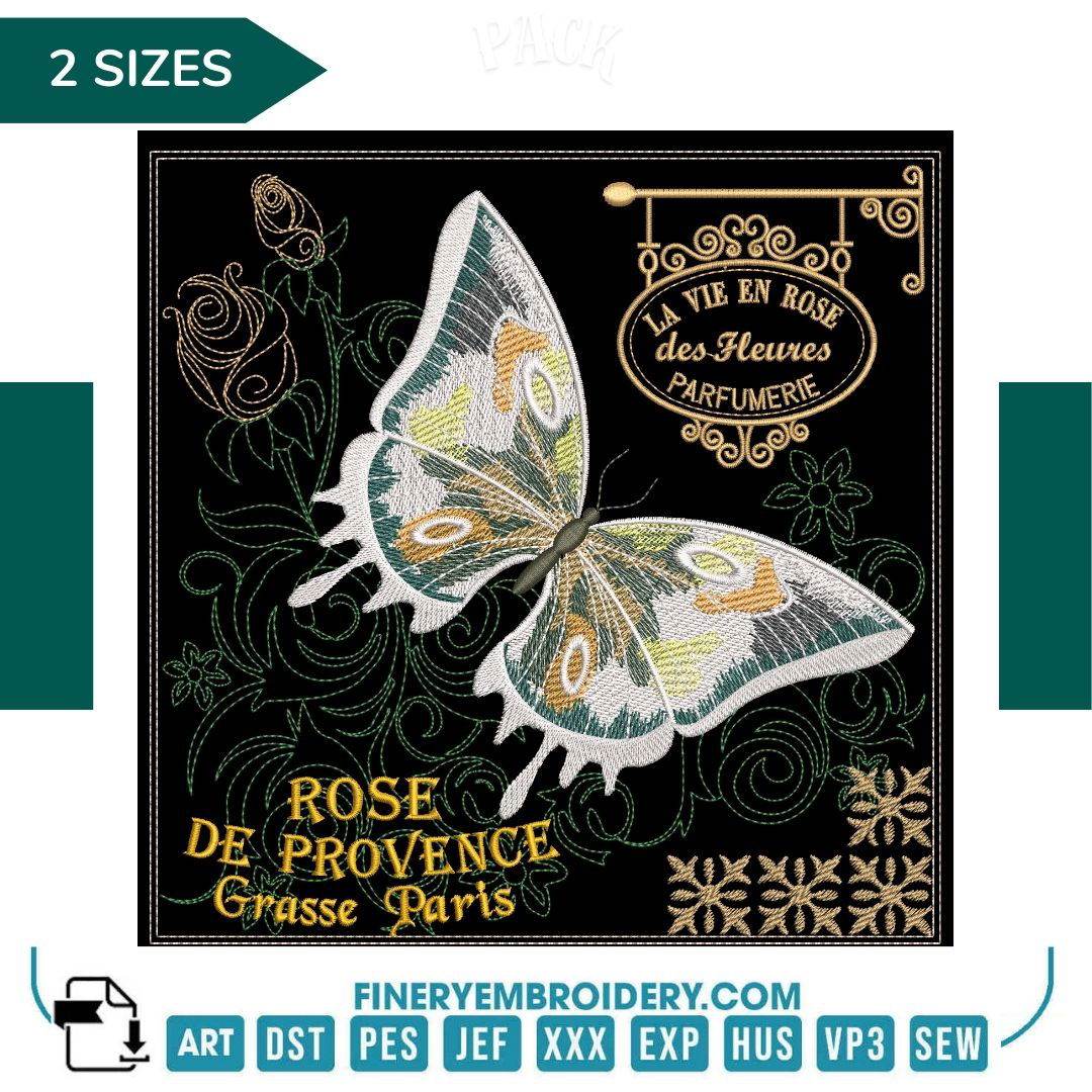 Elegant Butterfly Embroidery Design - Les Parfums de Grasse, France - 2 Sizes - FineryEmbroidery