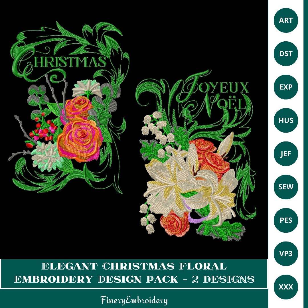 Elegant Christmas Floral Embroidery Design Pack –  2 Designs - FineryEmbroidery